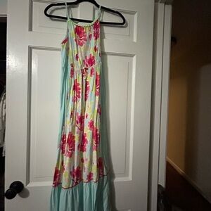 Dress, long maxi dress, light blue with pink red and green floral design